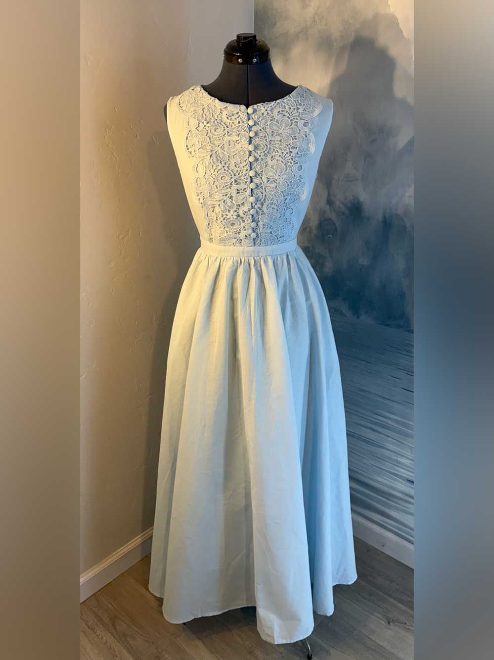 Sleeveless Lace Bodice Light Blue Dress #384